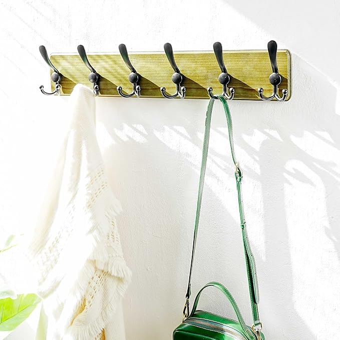 Coat Rack Wall Mounted - 24" Long 6 Tri Hooks, Heavy Duty Wooden Wall Coat Hanger Coat Hook for Clothes Hat Jacket Clothing, Weathered Green and Black