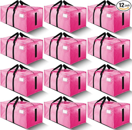 HOMESURE Supports 200lbs Heavy Duty Moving Bags - Strong Zipper & Wrap-Around Handles - Water-Resistant Storage Totes, Durable Alternative to Moving Boxes - 12 Pack - Pink