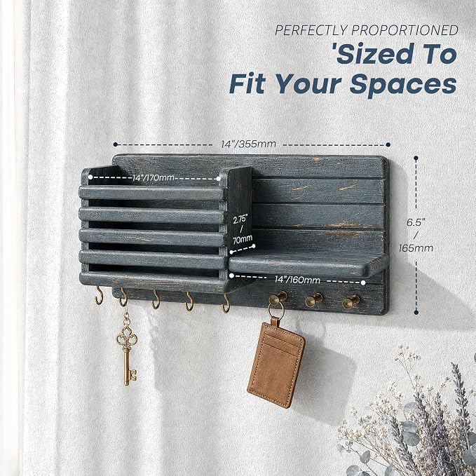 Rebee Vision Key Holder Wall Mount with Mail Slot for Entryway, Royal Blue | Key Holder for Wall, Mail Sorter, 8 Key Hooks for Hats, key Hanger, Floating Shelf, Small Plant Display, Apartment Aesthetic