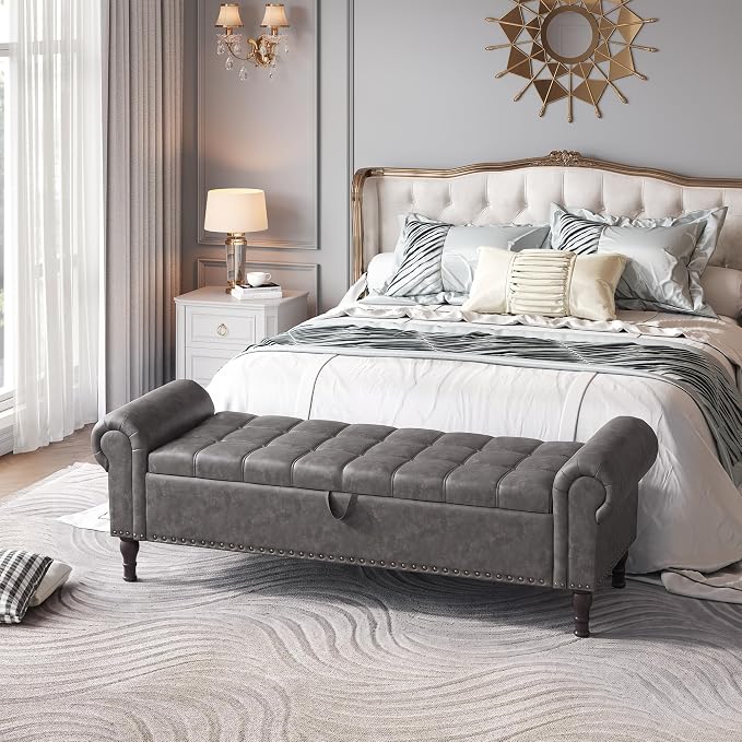 YOUDENOVA Ottoman with Storage, 60" End of Bed Bench with Rolled Arms, Upholstered Storage Bench with Vintage Rivets for Bedroom, Living Room, Entryway, Gray