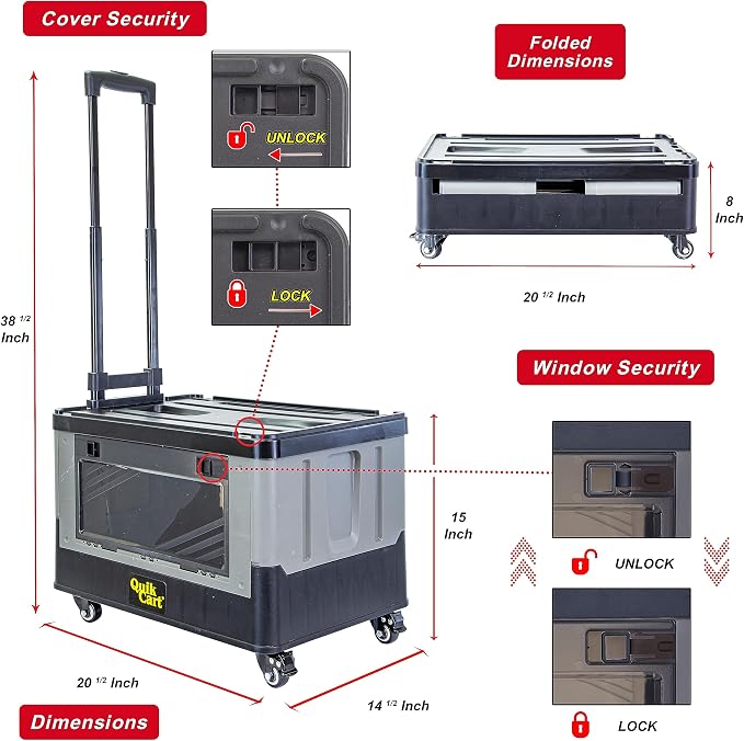 dbest Products Quik Cart Extended Four Wheeled Rolling Crate Teacher Utility with seat Dual Accessible Doors Heavy Duty Collapsible Basket with Two Position Handle | with Wheels, Dual Side Doors, Two-Position Handle, 360 Spinner Wheels, Foldable Utilit...