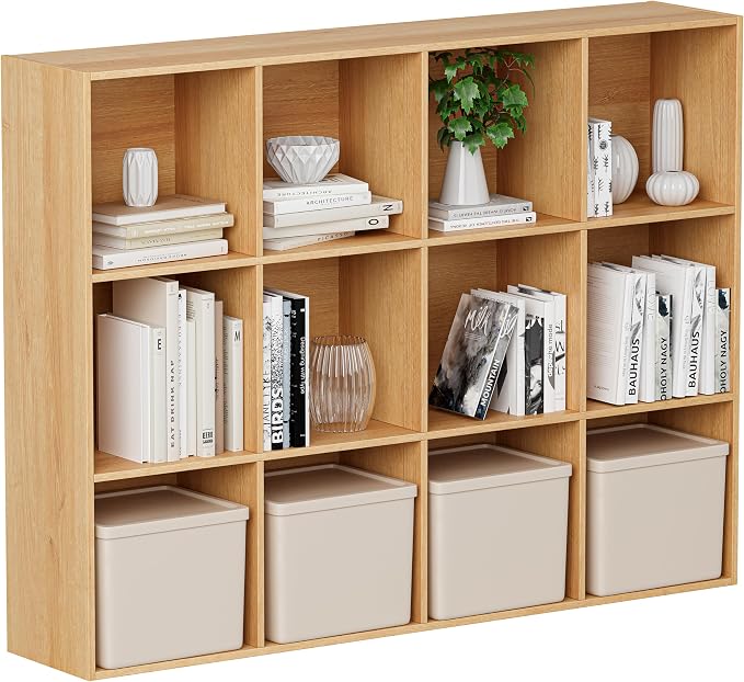 VDNEND Wooden Cube Storage Organizer with Closed Back Panel, 11in Cube Shelf Opening, Bookshelf, Display Shelf,Closet Cabinet for Home and Office (Natural Oak, 12-Cube 35.98L*9.45W*47.72H)