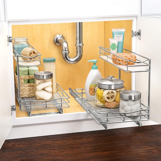 LYNK PROFESSIONAL® Pull Out Under Sink Kitchen Cabinet Organizer - 11.5 in. x 18 inch deep Drawer - Sliding Shelf Organizer for Cabinets and Undersink Storage Shelves - Lifetime Ltd. Warranty – Chrome