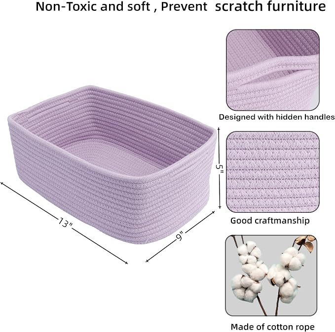 XUANGUO Small Woven Storage Baskets for Shelves, 13" x 9" x 5", Purple | Decorative rope storage bins for closets and toy storage; cute organizer baskets, empty gift baskets and nursery storage.