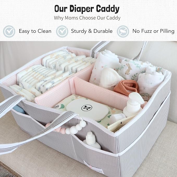 Baby Diaper Caddy - Organizer Tote Bag for Baby Girl Essentials - Baby Shower Basket - Nursery Must Haves - Registry Favorites - Newborn Caddie Car Travel - Gray/Blush, Extra Large