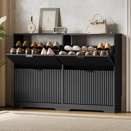 Xixini Shoe Storage Cabinet for Entryway with 4 Flip Drawers, Hidden Slim Wood Shoe Organizer with Modern Fluted Panel, Freestanding Narrow Shoe Rack for Front Door Entrance, Hallway, Foyer, Black