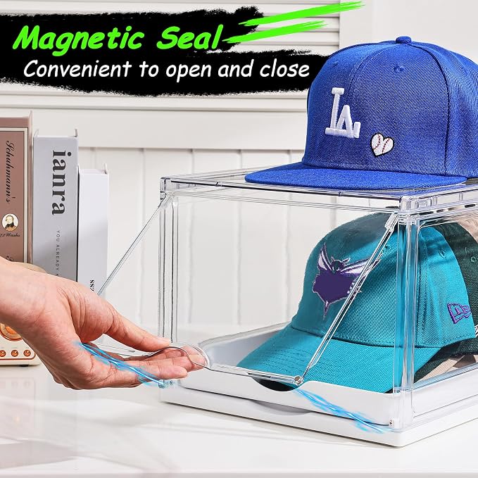 Vtopmart 4 Pack Stackable Baseball Caps Organizer, Each Holds 12 hats | with Sliding Drawer, Magnetic Door, Stackable, Transparent