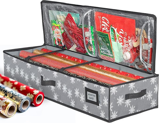 HOLDN’ STORAGE Premium Wrapping Paper Storage Container, Grey w/Snowflakes | Durable 600D Tear-Proof, Fits 27 Rolls Gift Wrap, Extra Pockets for Ribbons & Bows, Underbed Storage