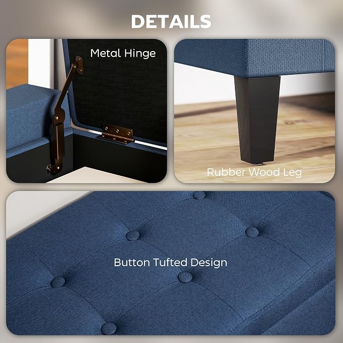 HOMCOM 36" Ottoman with Storage, Lift Top Rubberwood Legs 330 lb Dark Blue | Storage Ottoman Bench, Linen Upholstered Entryway Seat, Living Room, Bedroom