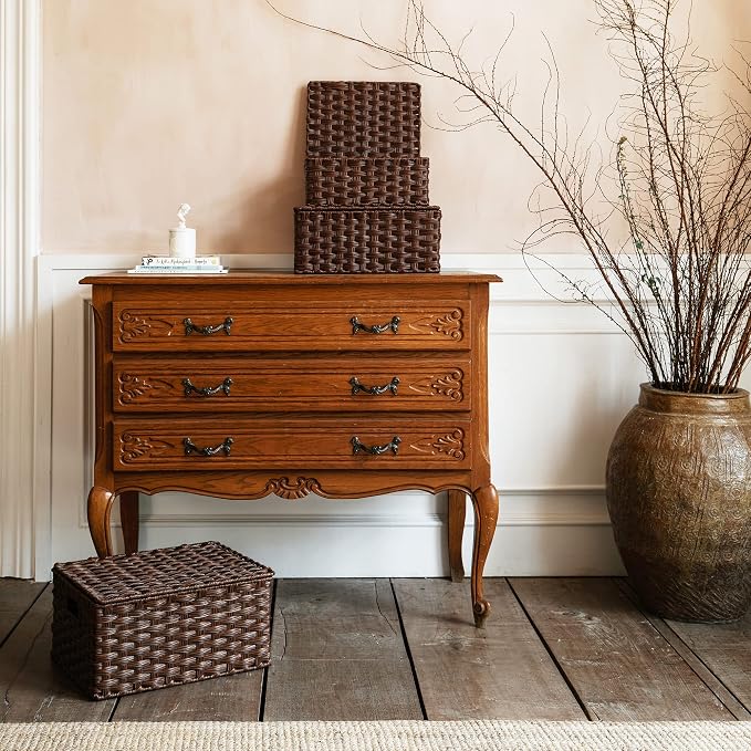 Granny Says Wicker Baskets with Lids, Decorative Storage Boxes With Lids | Woven Baskets With Lids, Wicker Baskets For Storage, Decorative Storage Boxes, Woven Stackable Basket with Lid for Organizing