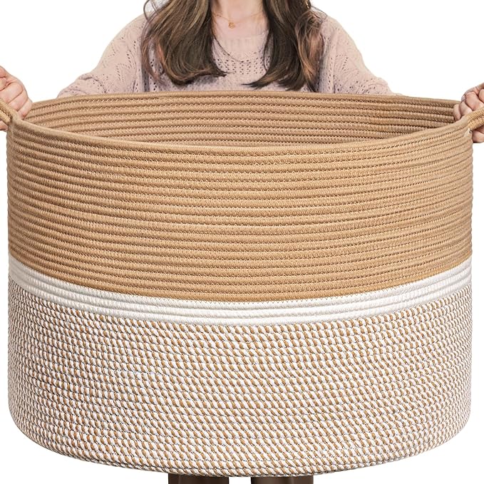 CHICVITA XXL Cotton Rope Woven Blanket Basket with Handles, Brown & White | Extra large 22x22x14in storage basket doubles as clothes hamper. Decorative for living room, nursery
