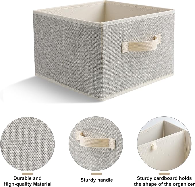 11 inch Storage Baskets, Woven Fabric Bins, Storage Cubes with Reinforced Handles, Organizer Bins for Closet Shelves, Foldable, for Clothes (Beige, 3PCS/11*11*7.8inch)
