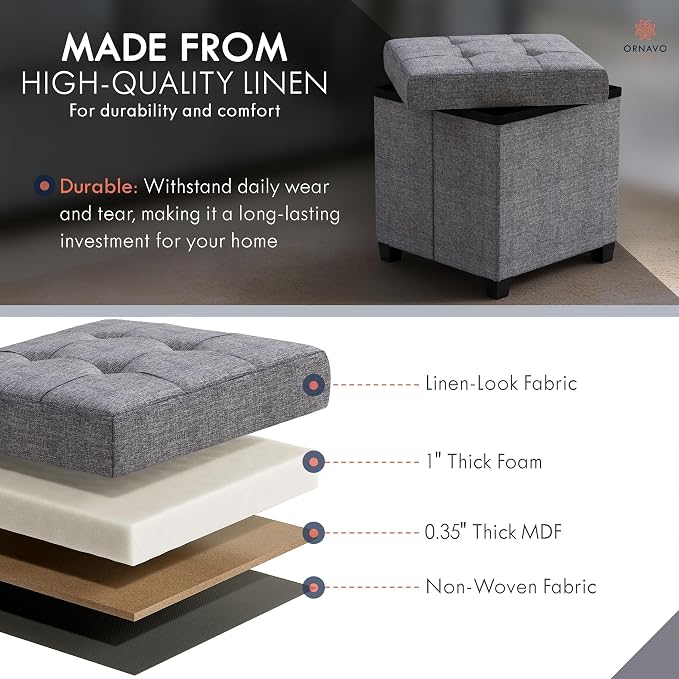 Ornavo Home Square Cube Storage Ottoman with Legs, 15x15x15, Gray | Foot Rest Stool Seat; Holds Up to 600 lbs; Ideal for Living Room, Bedroom, Home Office or Dorm