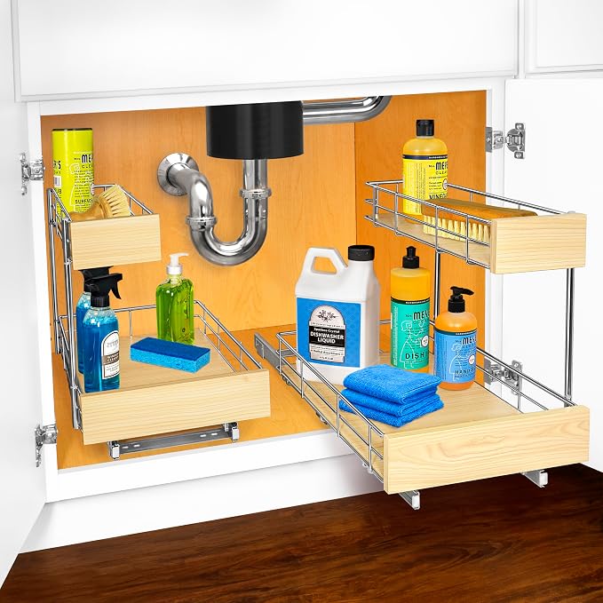 LYNK PROFESSIONAL® SELECT™ Pull Out Under Sink Kitchen Cabinet Organizer - 11.5 in. x 21 inch deep Drawer - Sliding Shelf Organizer and Undersink Storage Shelves - Lifetime Ltd. Warranty – Chrome