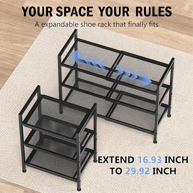 3 Tier Shoe Rack, Expandable Shoe Rack for Closet, Adjustable Shoe Organizer for Entryway, Shoe Storage Organizer for Door Entrance, Garage, Bedroom