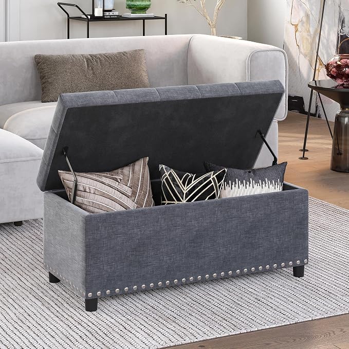 BELLEZE Storage Ottoman, Tufted Ottoman with Close Hinge, Foot Rest for Living Room (Gray, 31 inch)