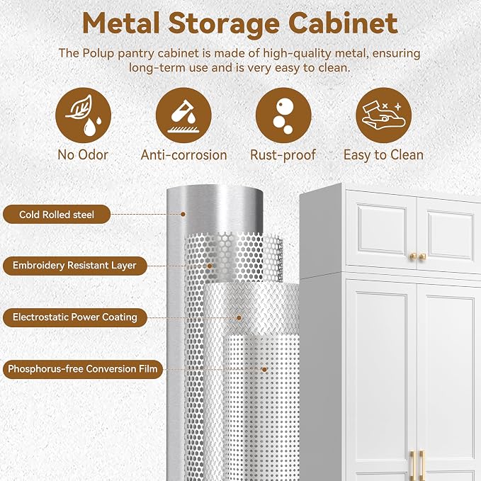 Polup 86" Tall Metal Kitchen Pantry Storage Cabinet with Doors and Shelves | Heavy-Duty White Cabinet, 4 Adjustable Shelving, Gold Handles, Magnetic Latch, for Dining Living Room, Bathroom & Garage