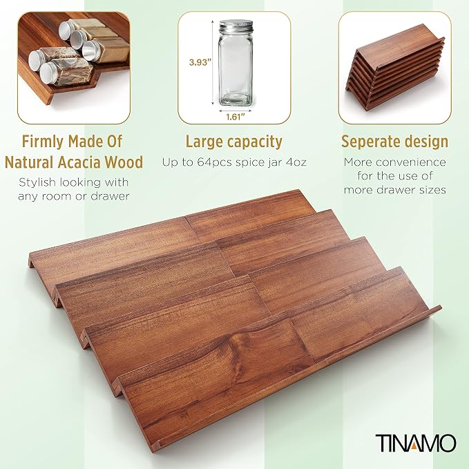 Tinamo Acacia Wooden Spice Rack Organizer for Cabinet - Spice Drawer Insert, Spice Organization for Cabinet, Seasoning Organizer, 4-Tier Spice Jar Rack for Drawer, Spice Holder Pack of 8 (64 Jars) | Acacia Wood Construction, No assembly, Stackable 4-tr...