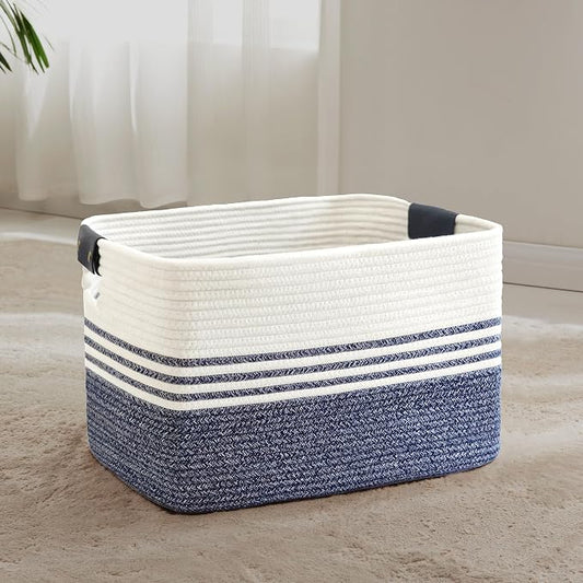 60L Woven Laundry Basket Hamper with Leather Handles,Denim Blue | collapsible wicker hamper, storage for dirty clothes, toys, blankets, gifts, living room, bedroom, bathroom, 21"x15"x11"