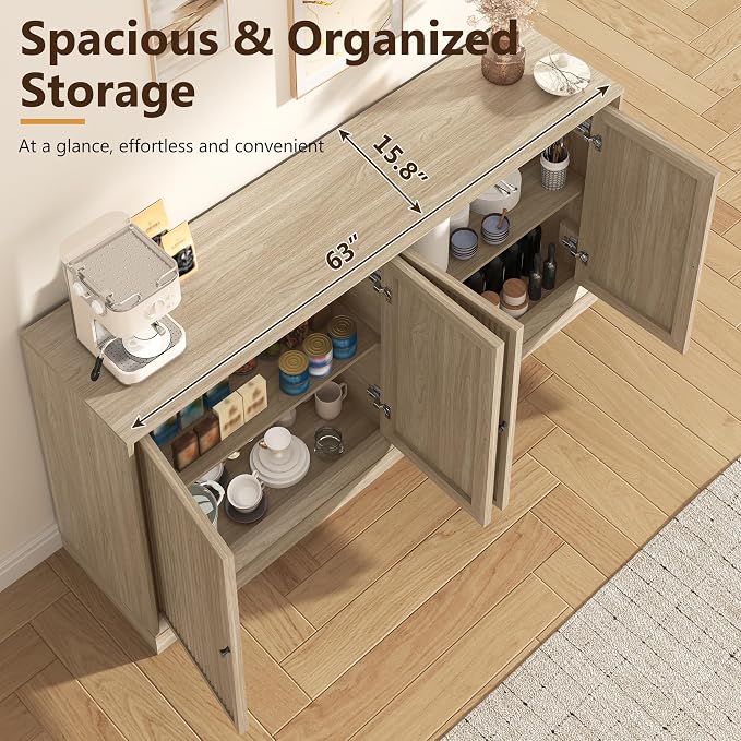 Hlivelood 63” Fluted Sideboard Buffet Cabinet with Storage, Mid Century Modern Wooden Credenza with 4 Doors & Adjustable Shelves, Beveled Edge Storage Cabinet for Kitchen, Living Room (Natural Oak)