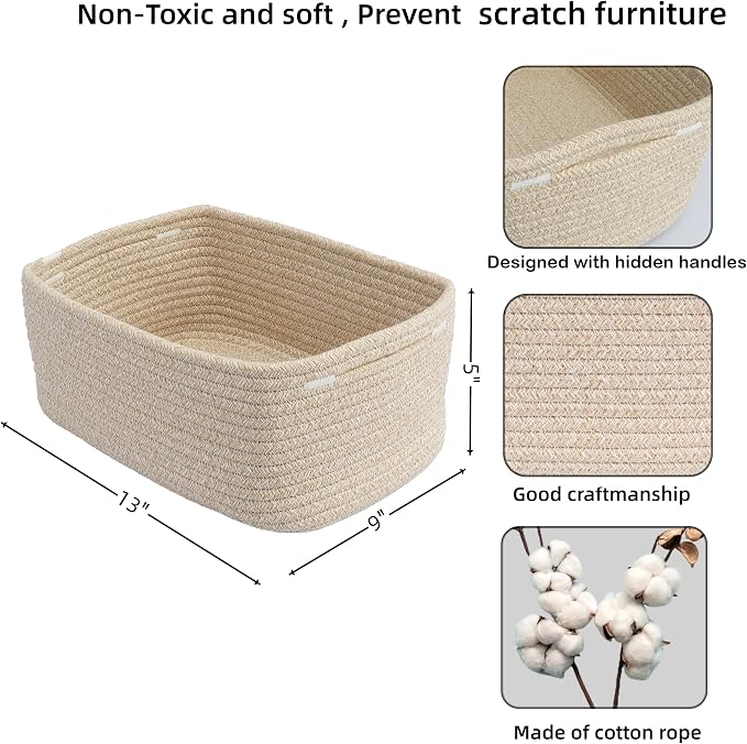 XUANGUO Small Woven Storage Baskets for Shelves, 13" x 9" x 5", Oatmeal | Decorative rope storage bins for closets and toy storage; cute organizer baskets, empty gift baskets and nursery storage.
