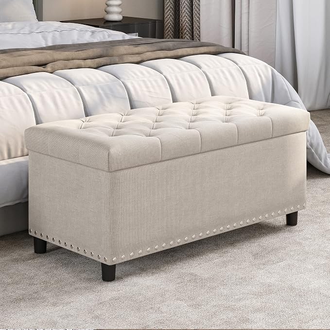 BELLEZE Storage Ottoman, Tufted Ottoman with Close Hinge, Foot Rest for Living Room (Beige, 31 inch)