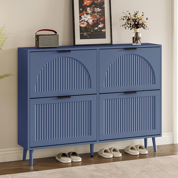 BORNOON Shoe Cabinet for Entryway with 4 Flip Drawers, Slim Wooden Shoe Storage Organizer with Modern Fluted Pannel，Freestanding Narrow Hidden Shoe Rack for Hallway, Foyer, Living Room