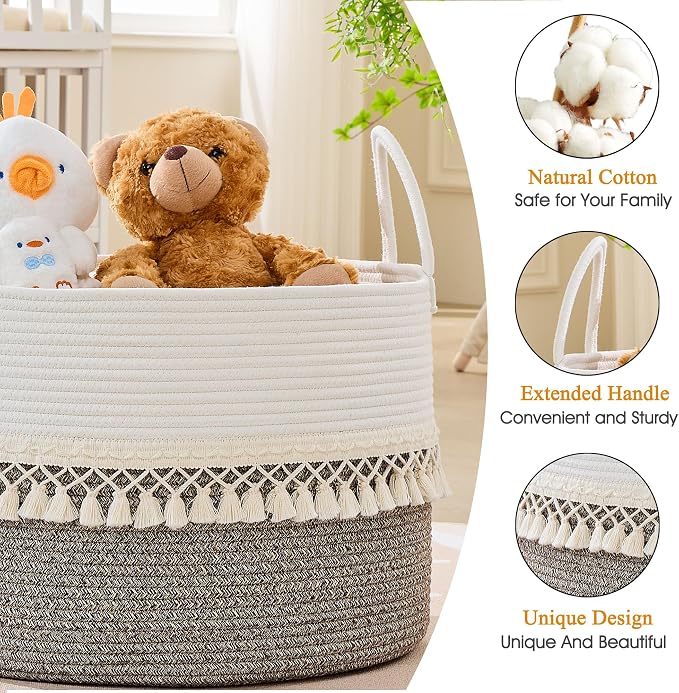 KAKAMAY Large Blanket Basket with Handles, Storage Basket for Living Room | Extra Large Capacity | Natural Cotton Rope | Blanket Storage | Woven Storage Basket | Stuffed Animal Storage | Laundry Basket