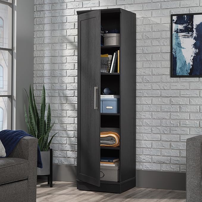 Sauder HomePlus Kitchen Pantry Storage Cabinet Slim Single Door with Adjustable Shelves, Living Room Storage Cabinet, in Raven Oak