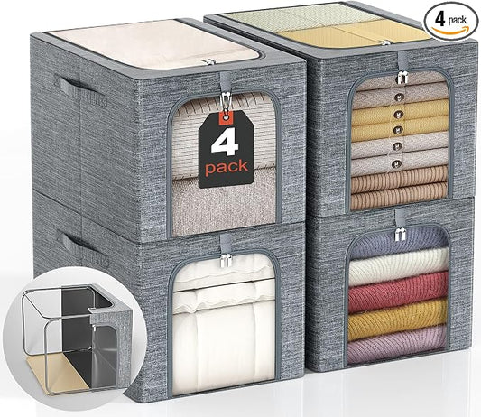 GoMaihe Clothes Storage Bins with Metal Frame for Closet, 40L 4-Pack Grey | Sweaters Hoodies Jeans T-Shirt, Closet Top Shelf Organizer, Steel Frame Collapse-Proof, Stackable, Clear Window, Dual Access