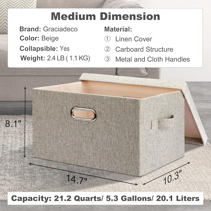 Graciadeco Medium 15" 21 Quart Collapsible Stackable Storage Bins with Lids, 3 Packs Beige Foldable Fabric Closet Boxes Heavy-duty Linen Cube Baskets Container for Bedroom Office (15 x 11 x 8) | 21 Quart 3 Pack Beige Collapsible Stackable Linen Fabric ...