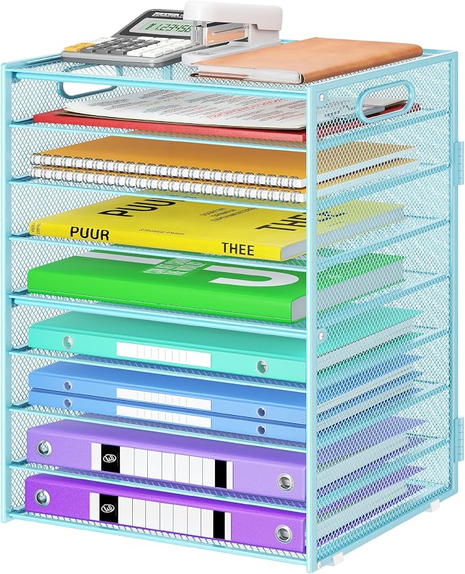 Cawukege 9 Tier Paper Organizer with Handle, Large Capacity Desk Organizer Mesh File Folder Letter Paper Tray Desktop Document Sorter for Classroom, School, and Office Accessories Organization- Blue