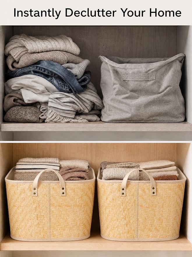 BROWNLILY Oversized Storage Baskets Laundry Hampers with Structured Frame & Supported Bottom, Extra Large Closet Bins for Shelves Blankets Car Bedroom Bathroom Organizers (Pack of 4, Natural)