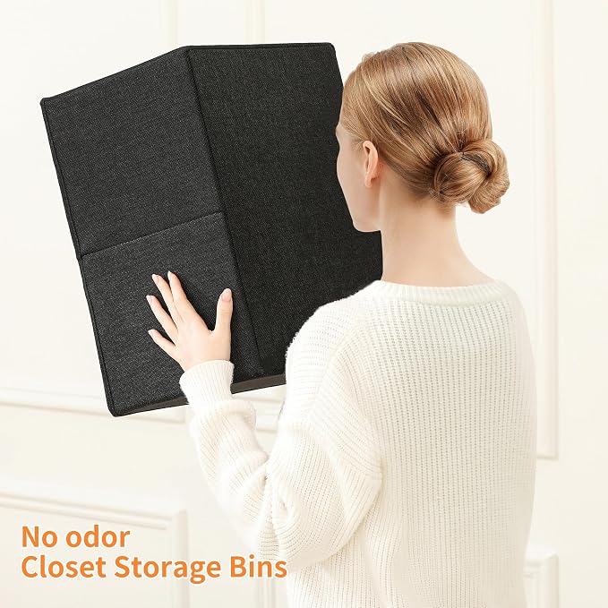 linen closet organizers and storage, 3 Pack Large Storage Baskets, Washable, Clothing Storage Bins with Handle, Closet Organizer for Storage Sweater,Sheets (Black, 16" x9½x6¾)