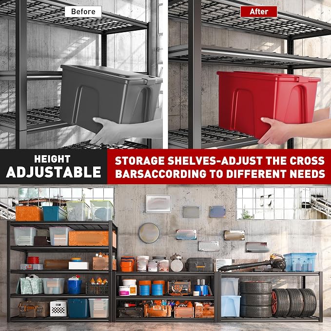 REIBII 48.2''W Garage Shelving Heavy Duty Metal Shelving 3000LBS Storage Shelves Adjustable Metal Shelves Industrial 5 Tier Garage Shelf for Basement Pantry Warehouse Supermarket, 2 Pack