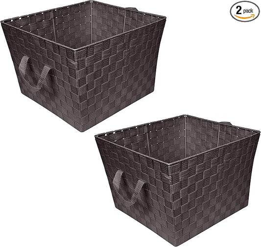 Simplify Large Woven Strap Tote | Decorative Storage Basket | 2 Handles | Organization | Closet | Bedroom | Bathroom | Nursery | Accessories | Toys | Gifts | 2 Pack | Chocolate