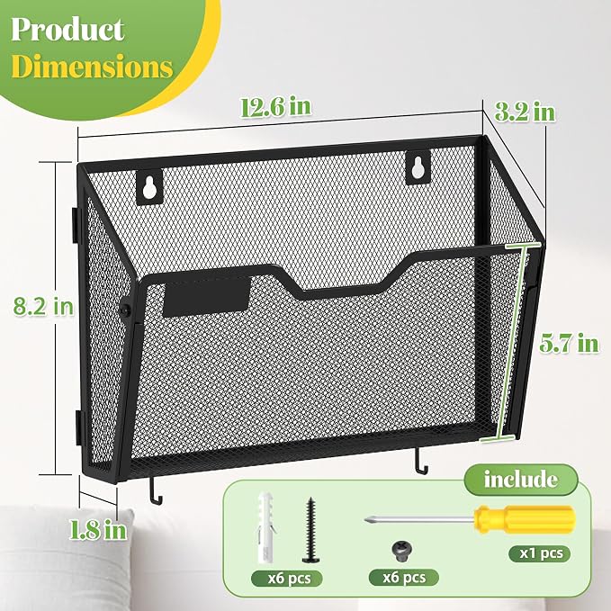 YINGHUA 3 Pack Wall Mounted Mesh File Folder Organizer with Hooks, Black | 12.6" durable metal hanging baskets. Perfect vertical storage for mail, magazines and papers in office, home or school.
