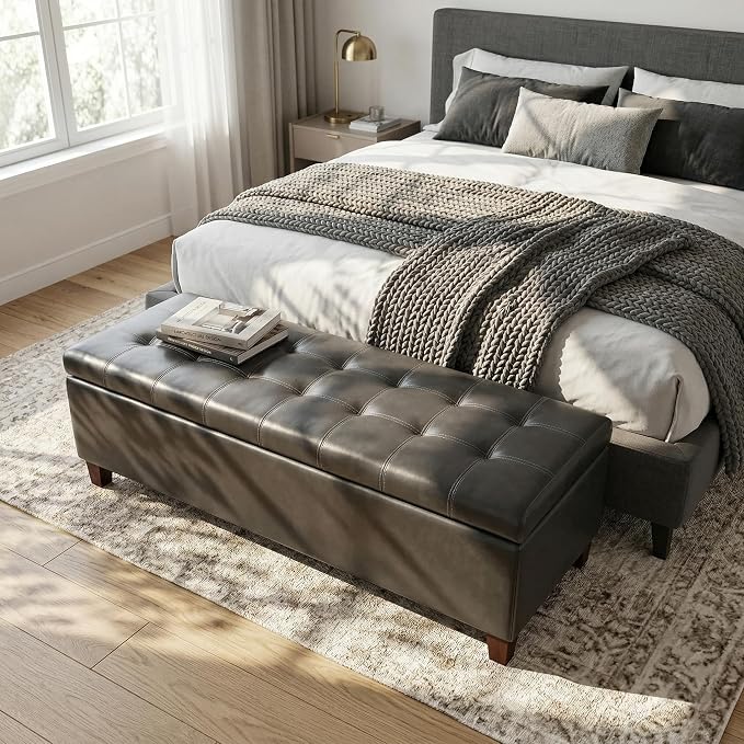 Ottoman with Storage 51 Inch End of Bed Storage Ottoman Bench | Faux Leather Upholstered Ottomans with Hinged Lid, Rectangle Long Foot Rest Bench for Entryway Living Room Bedroom Gray