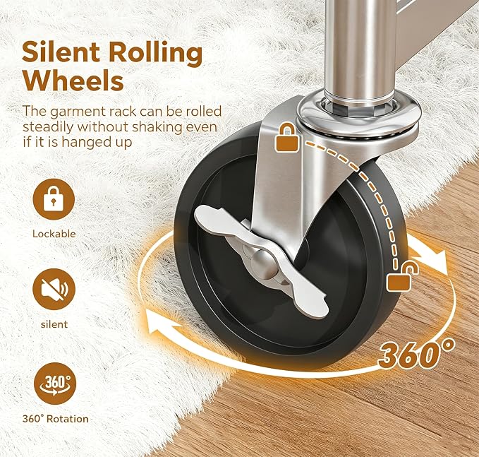 Simple Trending Heavy Duty Clothes Rack, Garment Rack with Extendable Side Rods & Bottom Shelves, 25mm Metal Clothing Rack with Wheels, Bedroom, Laundry Room, Silver