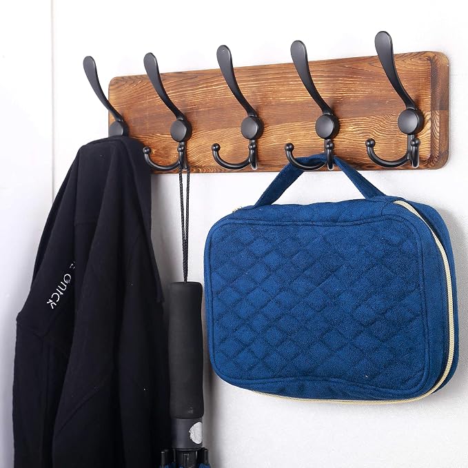 SKOLOO Rustic Coat Rack Wall Mount, 16" Stud Spacing, Solid Wood, Brown | Farmhouse style, 5 Triple Hooks, 100lbs capacity, for backpack jacket coat hat, wall mount, hardware included,rustproof hooks