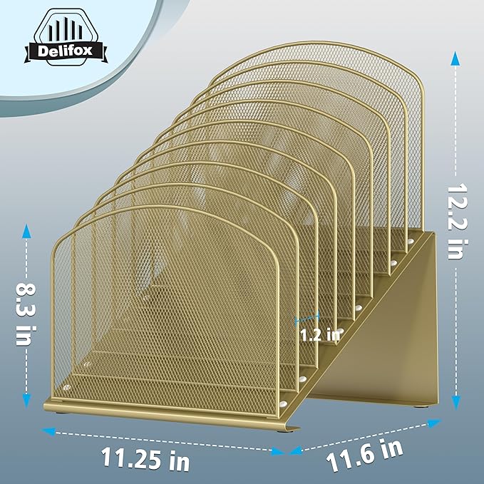 Inclined Desk File Organizer, 8-Section Upright Desk Organizer Standing File Sorter for Office Classroom Desktop Organization (Gold, 8)