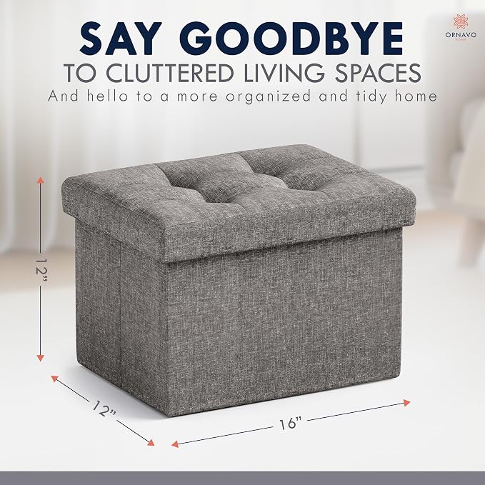 Ornavo Home Small Rectangle Storage Ottoman, Linen, 12x16x12, Dark Gray | Collapsible Cube Design; Foot Rest Stool Seat; Ideal for Living Room, Bedroom, Home Office or Dorm