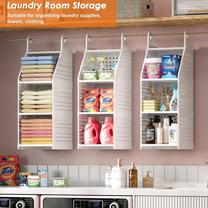 Honkazita 3-Tier Foldable Hanging Closet Organizer, White | Free-Standing Closet Hanging Organizer, For Wardrobe, Laundry Room, Plastic Hanging Closet Shelves, for Clothes, Handbags