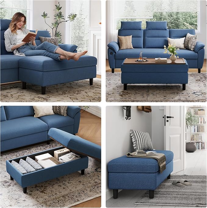 LINSY HOME 46 Inches Wide Storage Ottoman Bench, Linen Coffee Table Long Shoes Bench Footstool, Storage Chest, Foot Rest Stool, for The Living Room, Entryway and Family Room (Blue)
