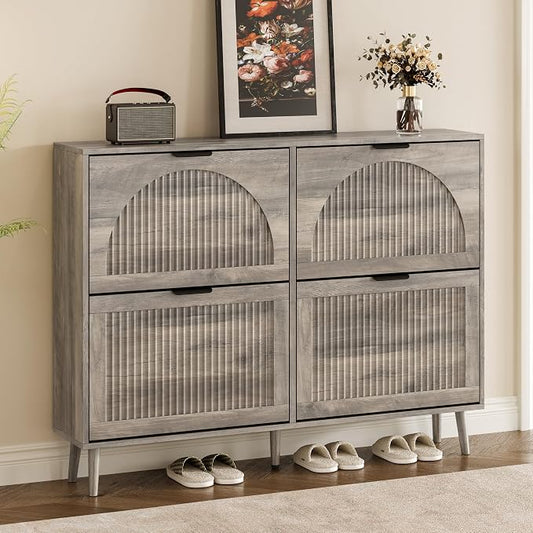 BORNOON Shoe Cabinet for Entryway with 4 Flip Drawers, Slim Wooden Shoe Storage Organizer with Modern Fluted Pannel，Freestanding Narrow Hidden Shoe Rack for Hallway, Foyer, Living Room