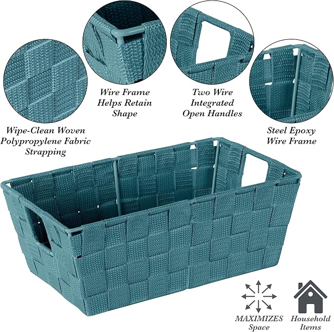Simplify Small Shelf Woven Strap Tote | Decorative Storage Basket | Built in Handles | Organization | Closet | Bedroom | Bathroom | Nursery | Accessories | Toys | Gifts | 4 Pack | Sapphire
