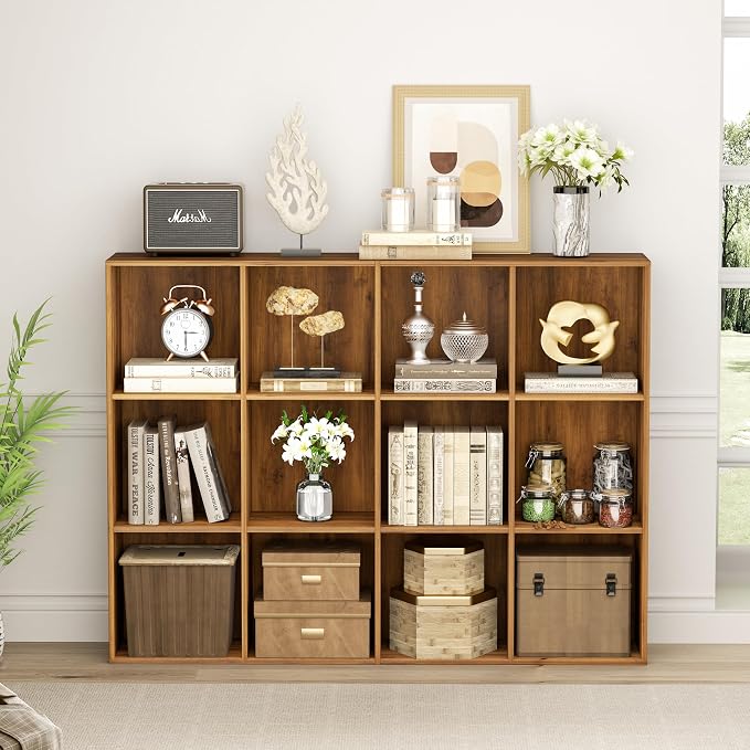 VDNEND Wooden Storage Organizer with Closed Back Panel, 11in Cube Shelf Opening, Bookshelf, Display Shelf,Closet Cabinet for Home and Office (Brown, 12-Cube 35.98L*9.45W*47.72H)
