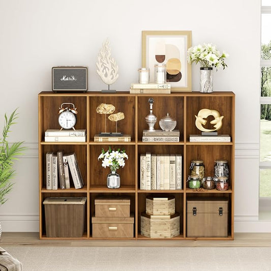 VDNEND Wooden Storage Organizer with Closed Back Panel, 11in Cube Shelf Opening, Bookshelf, Display Shelf,Closet Cabinet for Home and Office (Brown, 12-Cube 35.98L*9.45W*47.72H)