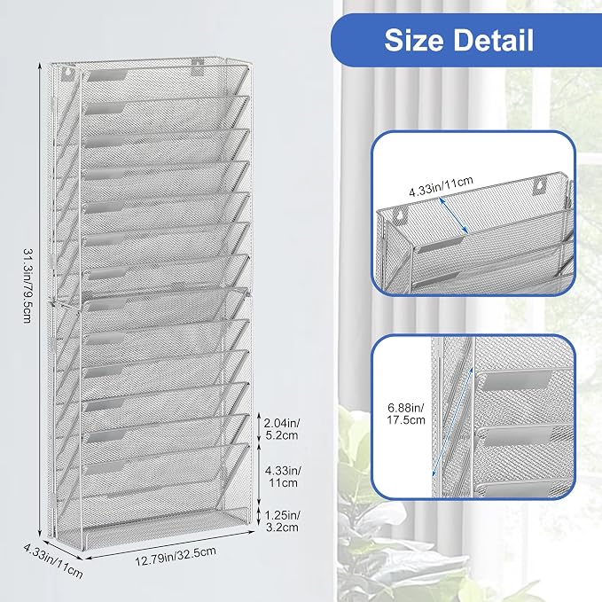 EasyPAG Wall File Holder 14 Tier Mesh Hanging Folder Organizer with Flat Tray Wall Mounted Mail Organizer Magazine Paper Desk Shelf with Nametag Label for Office Home School, Silver