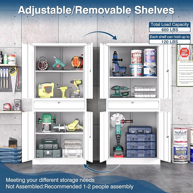 White Metal Storage Cabinet with Lock, 71" Tall Garage Storage Cabinets with Doors and Shelves, Lockable Tool Caninet Steel Locking Cabnets File Caninet for Home Office, Garage, Pantry